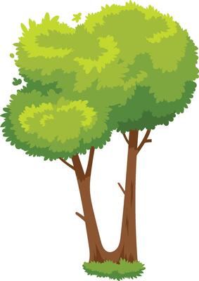 Two vibrant green trees with full canopies stand together, their brown trunks rising from a patch of grass, creating a peaceful natural scene in a cartoon or illustrative style