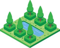 Green isometric parkland with trees and bushes growing around a small river flowing through, creating a peaceful and relaxing natural environment vector