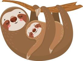 Cartoon mother sloth is hanging upside down from a tree branch with her baby sloth clinging to her, both with serene expressions vector