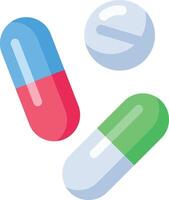 Two colorful capsules and a round pill symbolize medication, healthcare, and pharmaceutical treatment in a simple yet effective visual representation vector