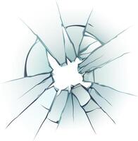 Shattered glass surface featuring radial cracks originating from a central hole, creating a visually striking damage effect on a clean white backdrop vector