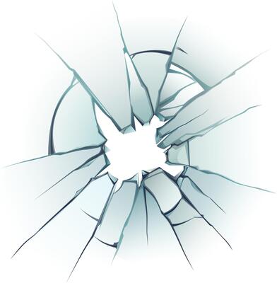 Shattered glass surface featuring radial cracks originating from a central hole, creating a visually striking damage effect on a clean white backdrop