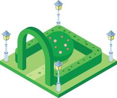 Green isometric city park with a decorative arch, a round hedge, four lampposts and a round flowering tree, representing urban landscape design and public recreation areas vector