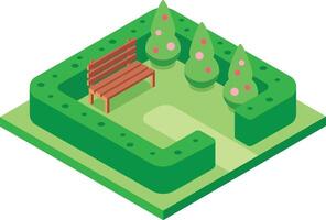 Green park with wooden bench and hedge in isometric view representing a peaceful and relaxing urban environment, perfect for leisure and recreation vector