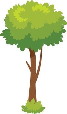 Cartoon illustration of a healthy tree with a thick brown trunk, lush green leaves forming a full crown, and small bushes at the base, creating a vibrant and lively image
