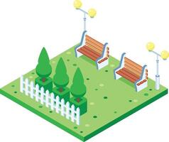 Green city park isometric icon showing two benches, trees surrounded by white fence and street lamps illuminating recreation area vector