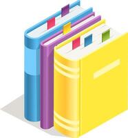 Three colorful books, blue, purple, and yellow, are standing upright with bookmarks inserted, offering an isometric perspective on organization and knowledge vector