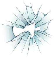 Cracks radiating outwards from a hole in a pane of glass, creating a dramatic visual of damage and breakage on a white background vector