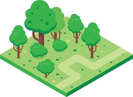Vibrant isometric view captures a winding path meandering through a lush green park, dotted with various sizes of trees and bushes, creating a serene and inviting atmosphere vector