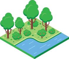 Isometric view of a vibrant green forest with various trees and bushes bordering a calm blue river, creating a peaceful and natural scene vector