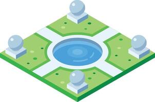 Four decorative spheres stand on white plinths at the corners of an isometric city park featuring a circular pond and cross shaped pathways, showcasing a tranquil urban oasis vector