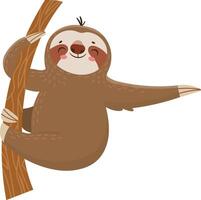 Cartoon illustration of a happy sloth hanging on a tree branch, smiling and extending one arm, isolated on a white background vector