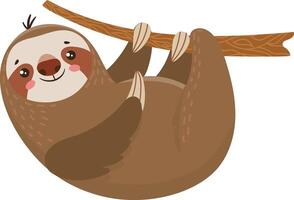 Cartoon illustration of a cute smiling sloth hanging upside down from a tree branch, enjoying its peaceful existence in nature vector