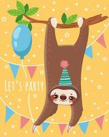 Adorable sloth hanging upside down from a tree branch, wearing a colorful party hat, with a blue balloon and festive bunting, creating a cheerful birthday celebration atmosphere vector
