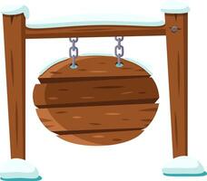 Snow covers a circular wooden sign hanging from a wooden frame and chains, creating a rustic winter scene perfect for advertising vector
