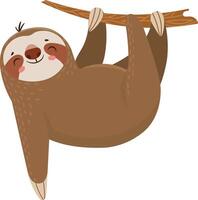 Cartoon illustration of a happy sloth hanging upside down from a tree branch, smiling and enjoying the tranquility of its natural habitat vector