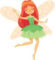 Enchanting red haired fairy in a green dress gracefully flying with closed eyes and delicate wings, creating a whimsical scene vector