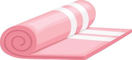 Rolled pink yoga or pilates mat with white stripes is partially unrolled, creating an angled corner and revealing the soft, cushioned surface, perfect for exercise and relaxation vector