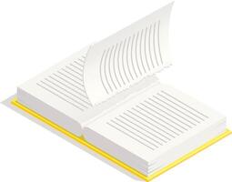 Open book with a torn page is revealing lines of text, presented in an isometric perspective, emphasizing the concept of damaged literature or incomplete information vector
