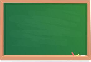 Empty green chalkboard with chalk and eraser in wooden frame represents education, teaching, learning, and back to school concepts vector
