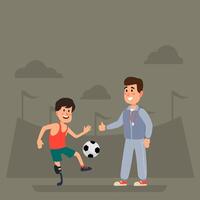 Young, enthusiastic soccer player with a prosthetic leg practices his skills with a supportive coach, showcasing determination and inclusivity in sports vector