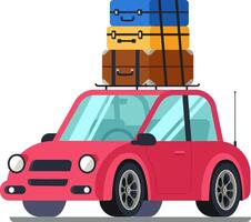 Pink vehicle is prepared for a journey, with luggage securely fastened on its roof rack, symbolizing travel and adventure vector