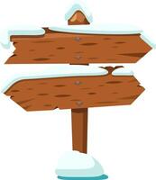 Empty wooden signpost covered with snow indicating two opposite directions, useful to represent a choice to make or a doubt vector