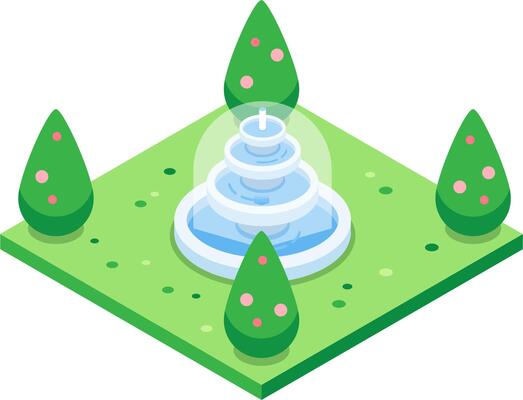 Serene park fountain with cascading water, surrounded by green trees and pink flowers, perfect for urban planning concepts