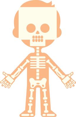 Simple stylized illustration of a child skeleton showing bones for anatomy lesson, with arms open and skull visible through skin