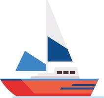 Red sailing boat with blue and white sails navigating on water, side view of a sailboat with geometric shapes in flat design style vector