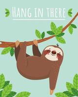 Charming cartoon sloth hangs upside down from a tree branch, embodying resilience and reminding us to hang in there amidst life's challenges, surrounded by lush green leaves vector