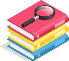 Magnifying glass is placed on top of a stack of colorful books, symbolizing the process of research and knowledge seeking vector
