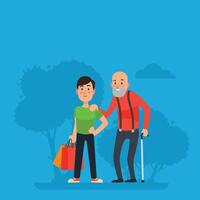 Young man assisting a senior citizen with shopping and mobility, showcasing community support and intergenerational bonding in a vibrant outdoor setting vector