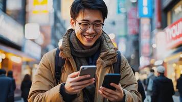 A man in a winter coat and glasses is looking at his phone video