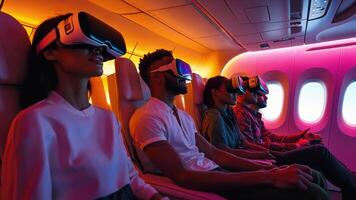 People sitting in an airplane with virtual reality glasses video