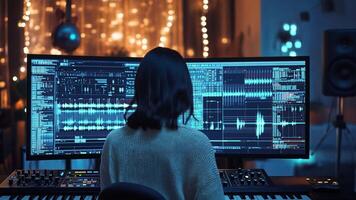 A woman sitting at a computer with two monitors and a keyboard video