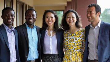 Four young people smiling together in front of a building video