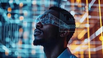 A man wearing glasses and looking up at a screen video