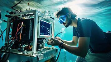 A man in a diving suit is working on a computer video