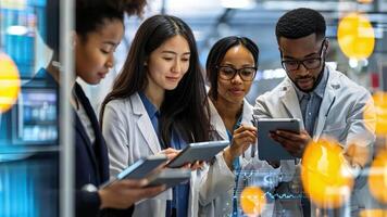 A group of people in lab coats looking at a tablet video