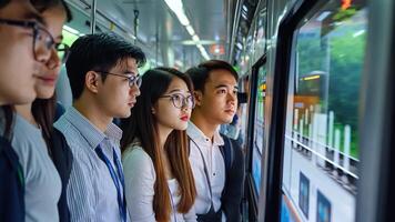 A group of people looking at a screen on a train video