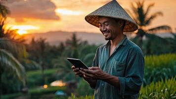 A man in a straw hat is using a tablet in a rice field video