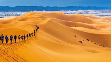 People walking in the desert with sand dunes in the background video