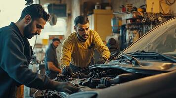 Two men working on a car in a garage video
