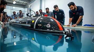 A group of men looking at a submarine in a pool video