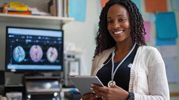 un sonriente mujer participación un tableta computadora en frente de un computadora pantalla video