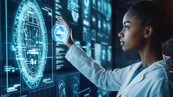 A woman in a lab coat is touching a digital interface video