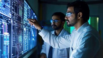 Two men in lab coats looking at a computer screen video