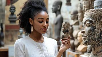 A woman is looking at a statue in a museum video