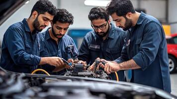 Four men working on a car in a garage video